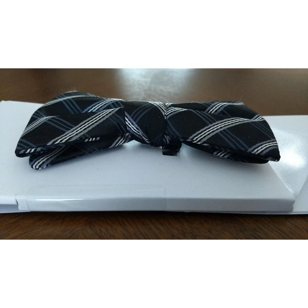 ALFANI SPECTRUM Men's‎ Bow Tie & Pocket Square Black w/ Gray White Stripes NEW - Picture 6 of 11